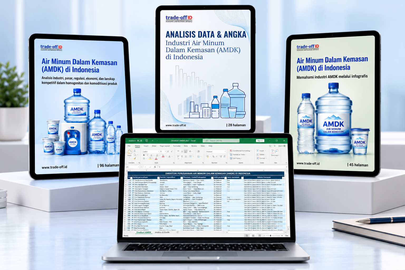 Paket empat publikasi AMDK: eBook, Data dan Angka, Infografis, dan Direktori perusahaan
